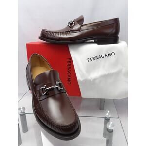 NIB FERRAGAMO BROWN LEATHER FORT GANCINI BIT LOGO LOAFERS 11 E ITALY
